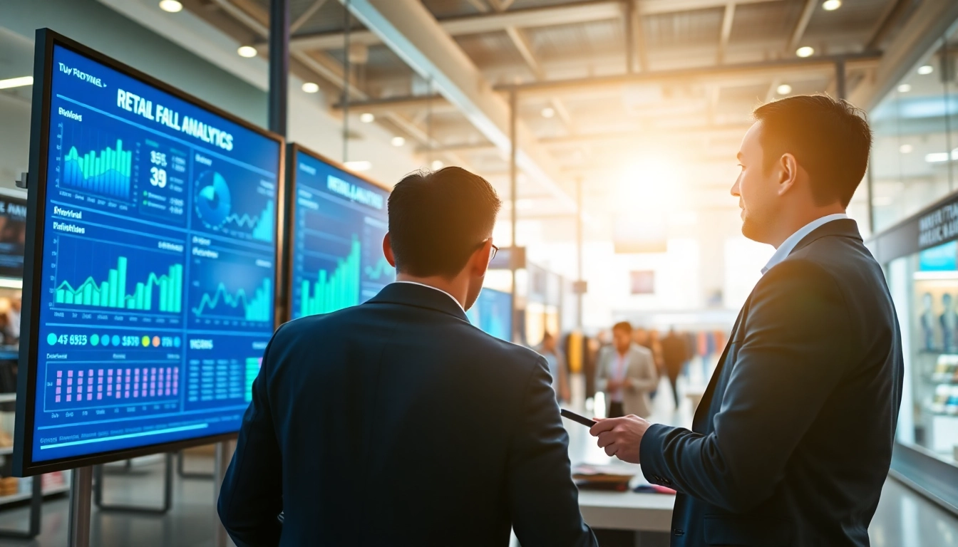 Analyze retail footfall analytics data in a modern retail setting with professionals monitoring metrics.