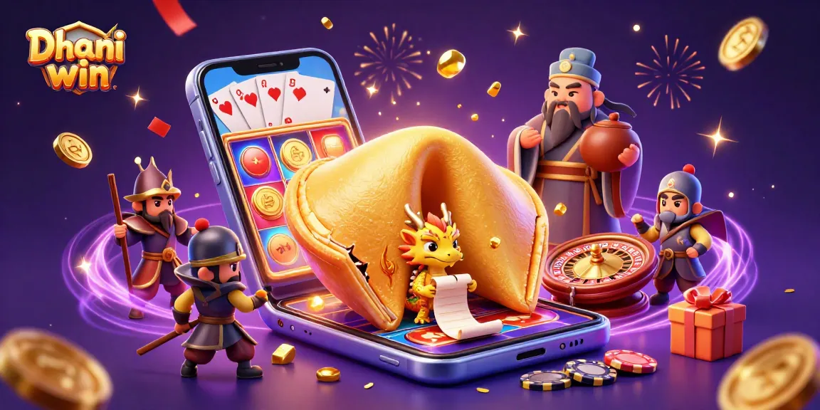Dhani win offers vibrant casino fun with a dynamic scene of a fortune cookie, dragon, and gaming elements