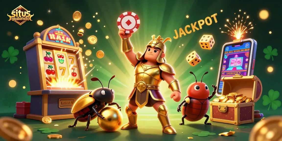 Engage with situs rajabandot at this vibrant casino scene, showcasing a hercules beetle and dazzling slot machine.