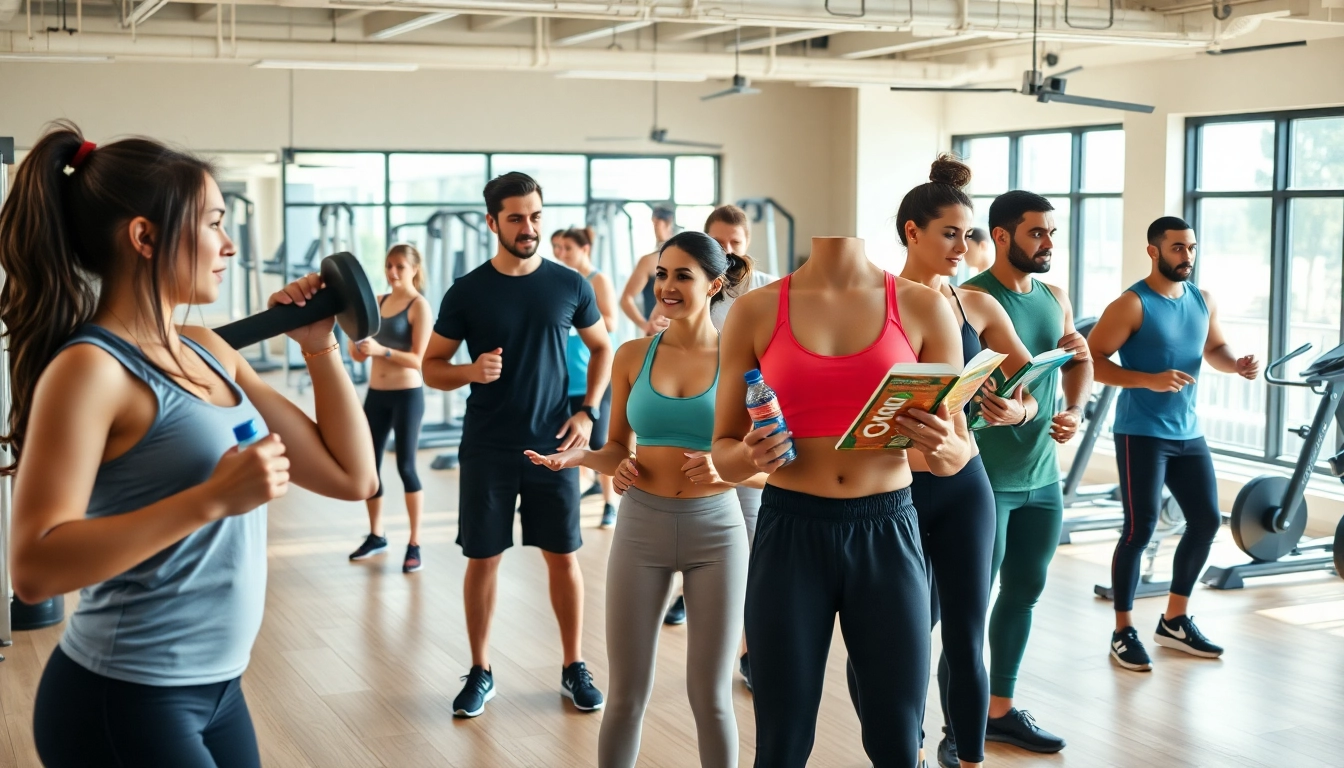 Highlighting Fitness and Nutrition, trainers guide clients through energizing workouts in a vibrant gym.