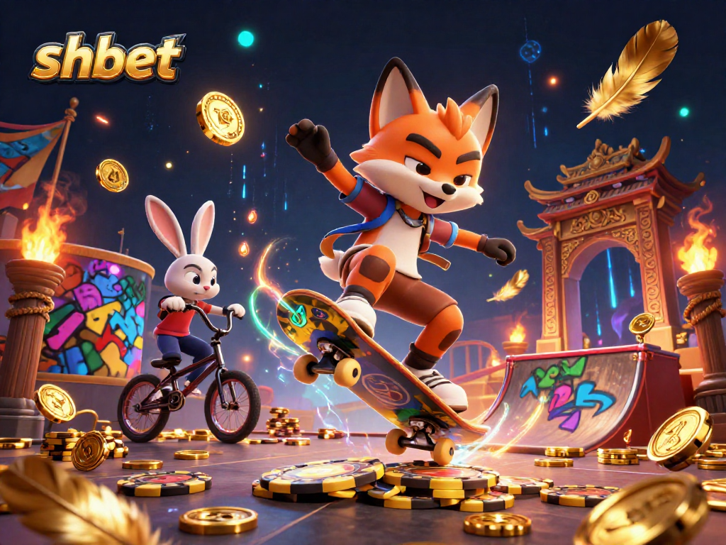 Join the thrill with shbet: a vibrant scene featuring a fox and rabbit amid casino excitement.