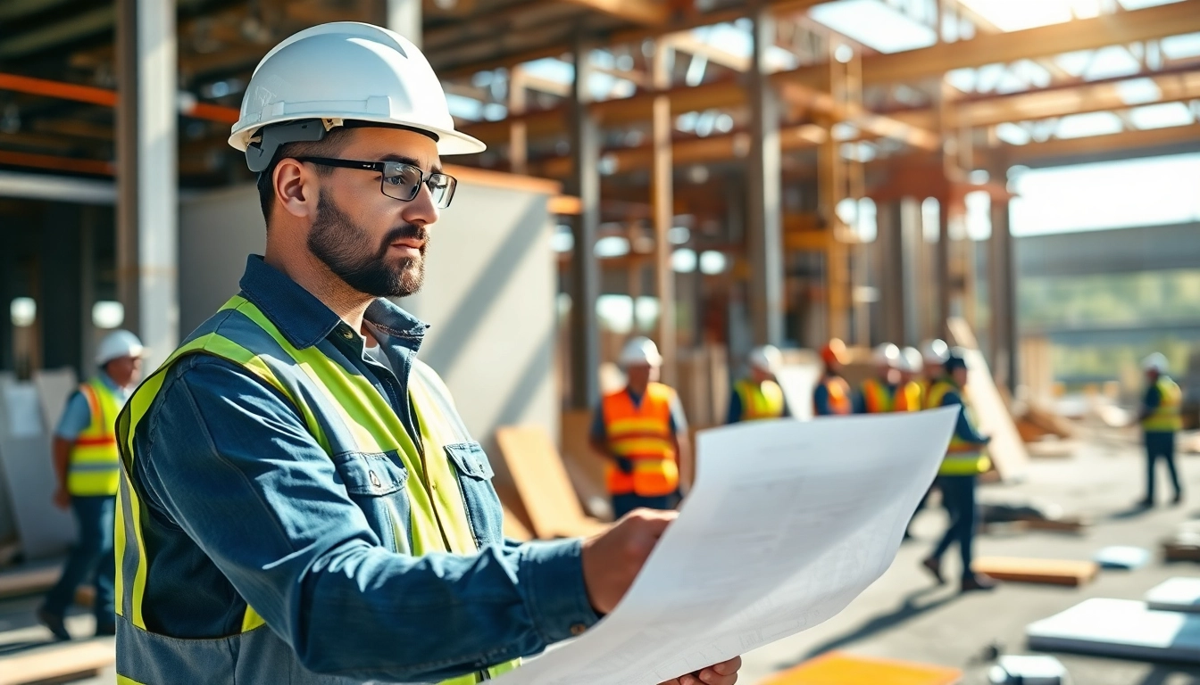 New Jersey General Contractor assessing plans amidst a busy construction site with workers.