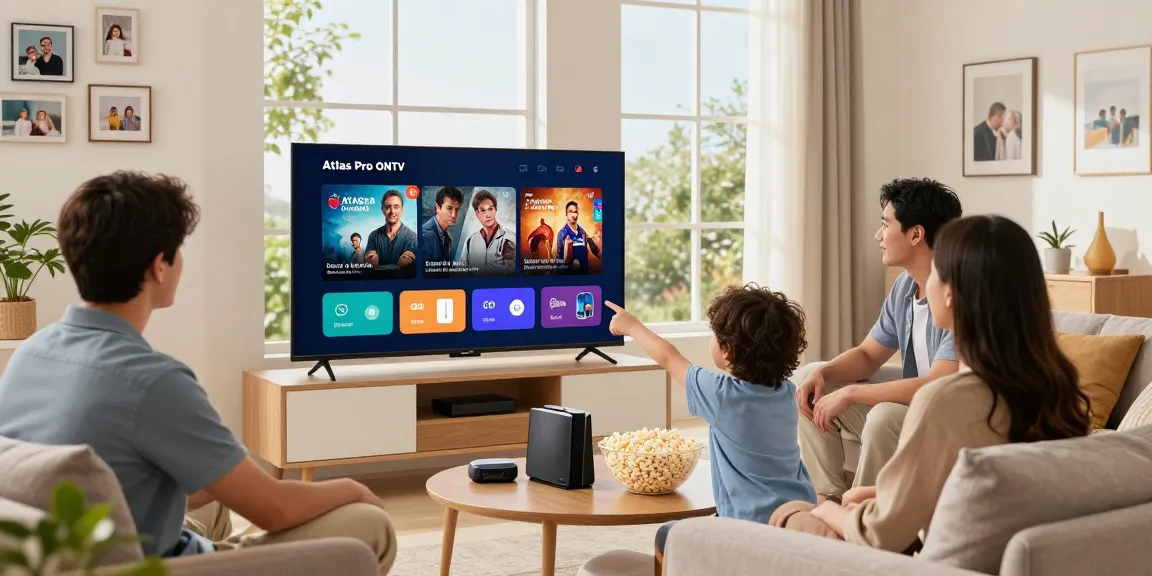 Family enjoying streaming Atlas Pro ONTV on Smart TV in cozy living room.