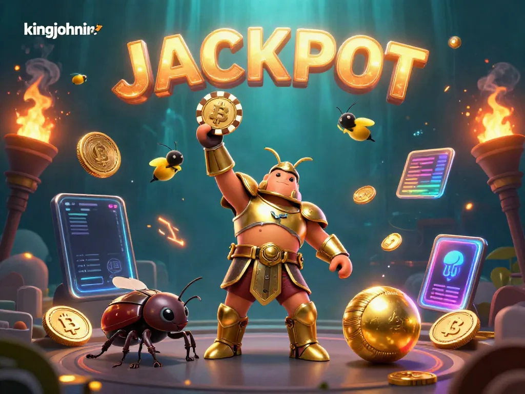 Join kingjohnnie's exciting atmosphere as a hercules beetle celebrates a casino victory with coins and neon lights.