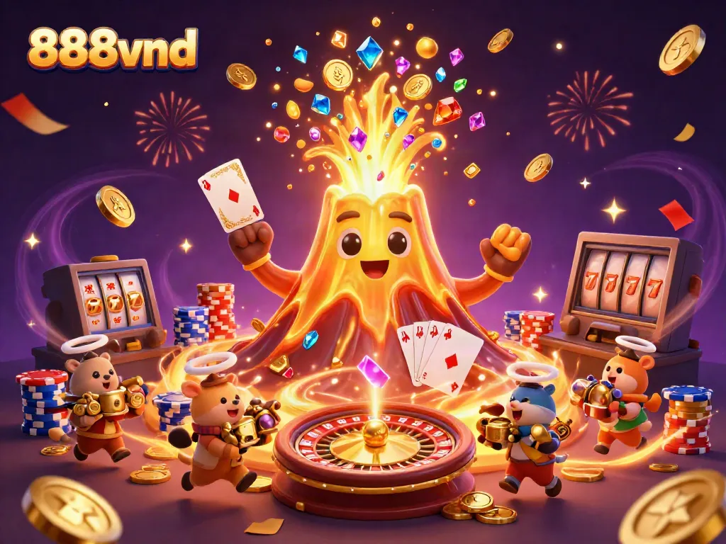 Experience the thrill of winning at 888vnd with an eruption of treasures in this vibrant casino scene.