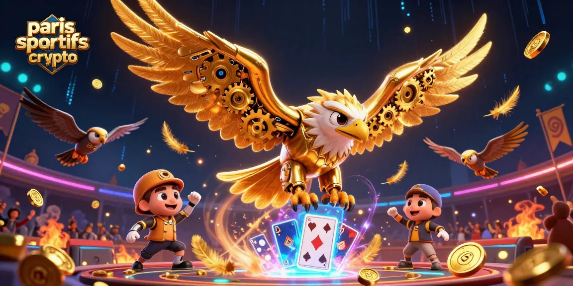 Placer des paris sportifs crypto avec un aigle doré cybernétique au milieu d'une scène de jeu