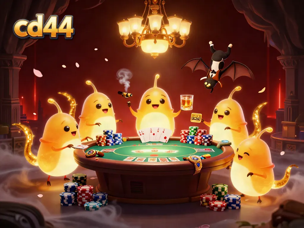 Gambling scene with glowworms illuminating the cd44 casino and a bat dealer interacting at the poker table