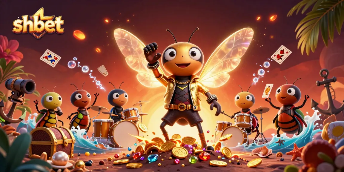 Engage in vibrant shbet gaming action with a buzzing cicada rock star performing amidst riches and casino excitement.