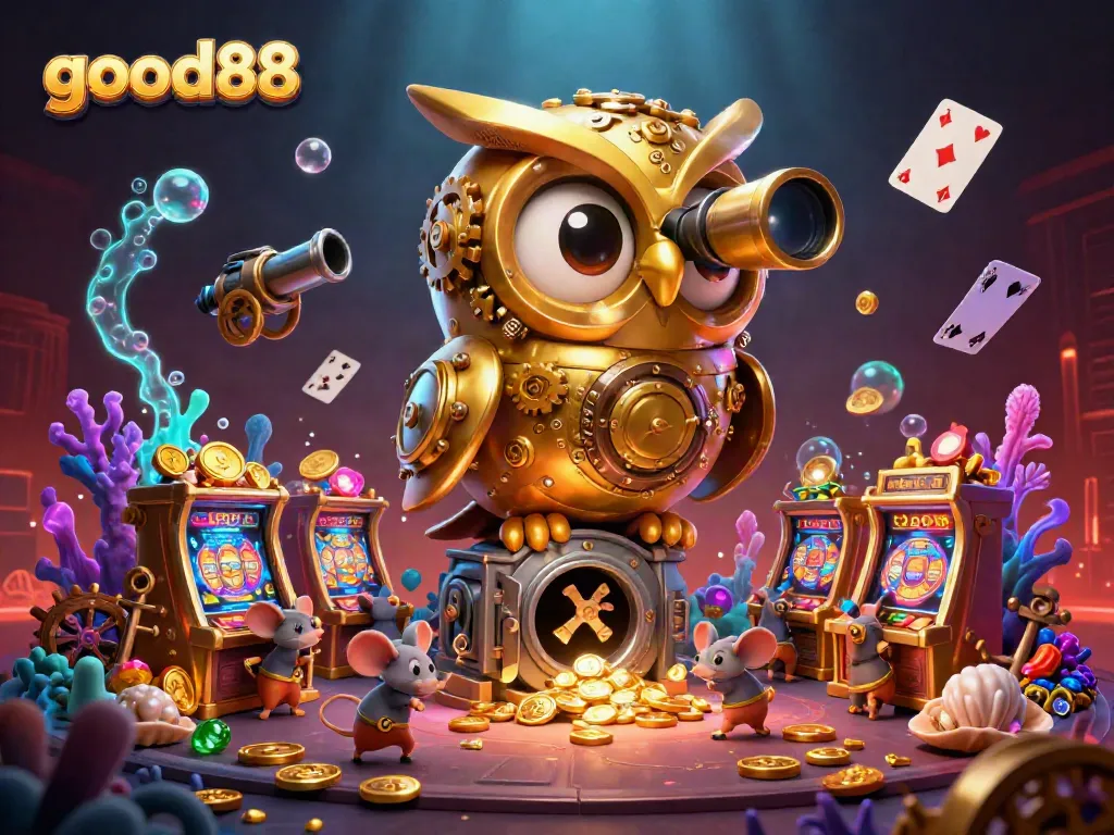 Experience the excitement of good88 with an energetic scene of a clockwork owl and whimsical mice in a vibrant casino setting.