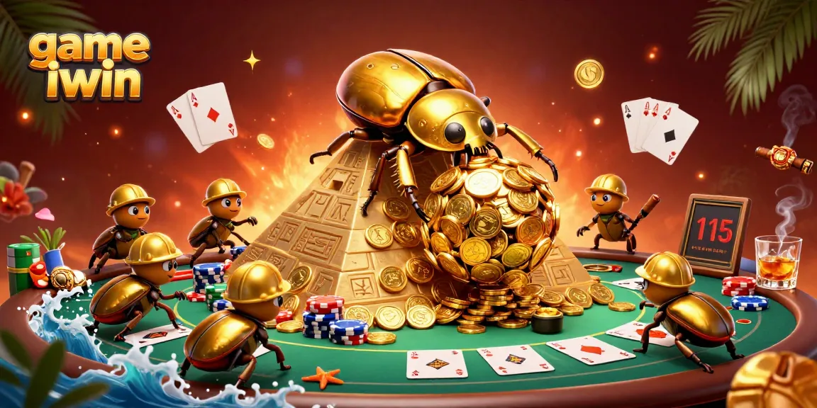 Experience the excitement of game iwin with a golden dung beetle scene packed with casino elements.