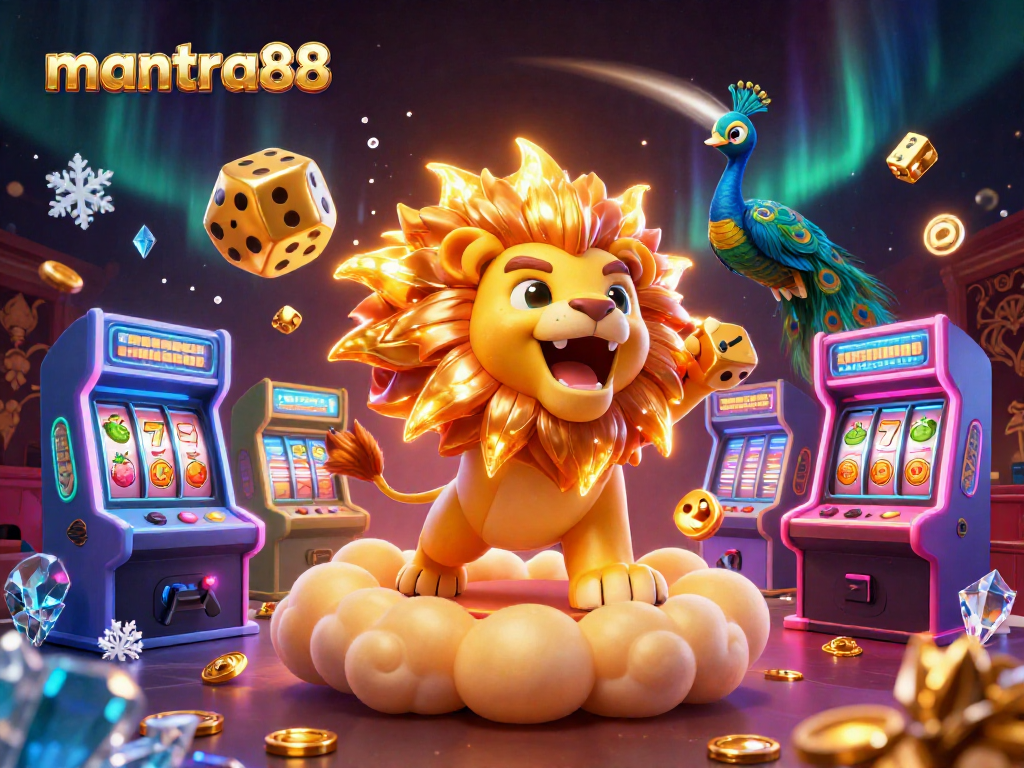 Experience the thrill of mantra88 as golden dice roll amidst vibrant slot machines and lively casino elements.