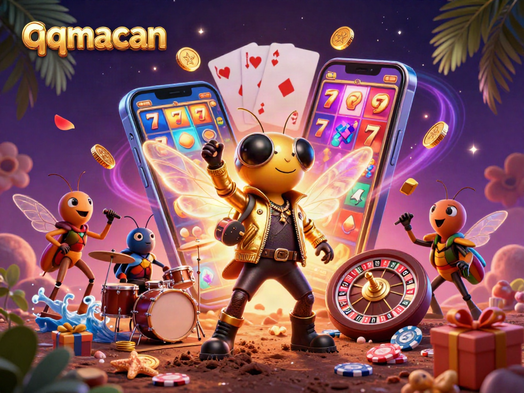 Engage with the vibrant qqmacan scene featuring a rock star cicada and colorful casino elements.