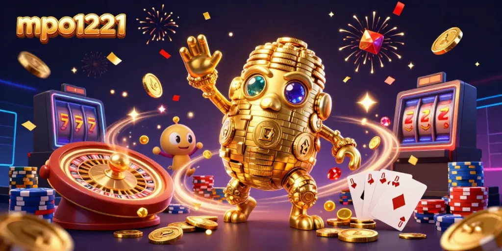 Spin to win with mpo1221, featuring a golden golem surrounded by sparkling coins and vibrant casino elements.