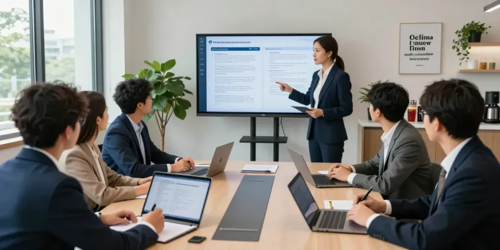 Team discussing international legal strategies in a modern office, showcasing Lead Roedl's expertise.