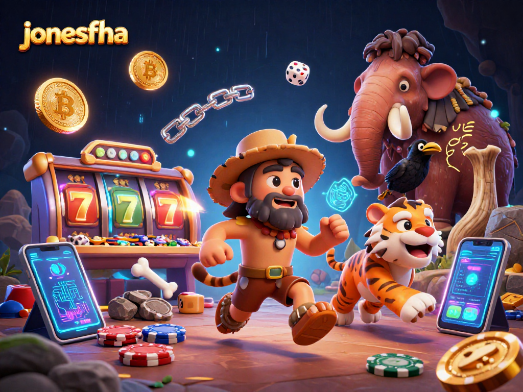 Experience thrilling gameplay in the jonesfha casino scene with iconic slot symbols and crypto elements.