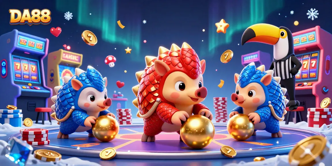 DA88 engages in a vibrant casino showdown as rival pangolins roll golden balls in a dynamic gaming scene.