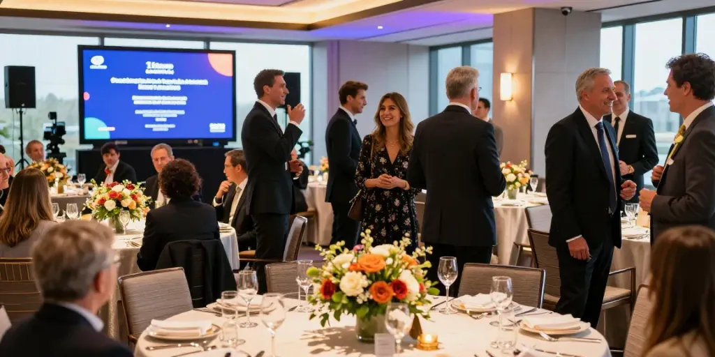 Event rentals showcased at a luxurious corporate event with elegant decor and sophisticated ambiance.