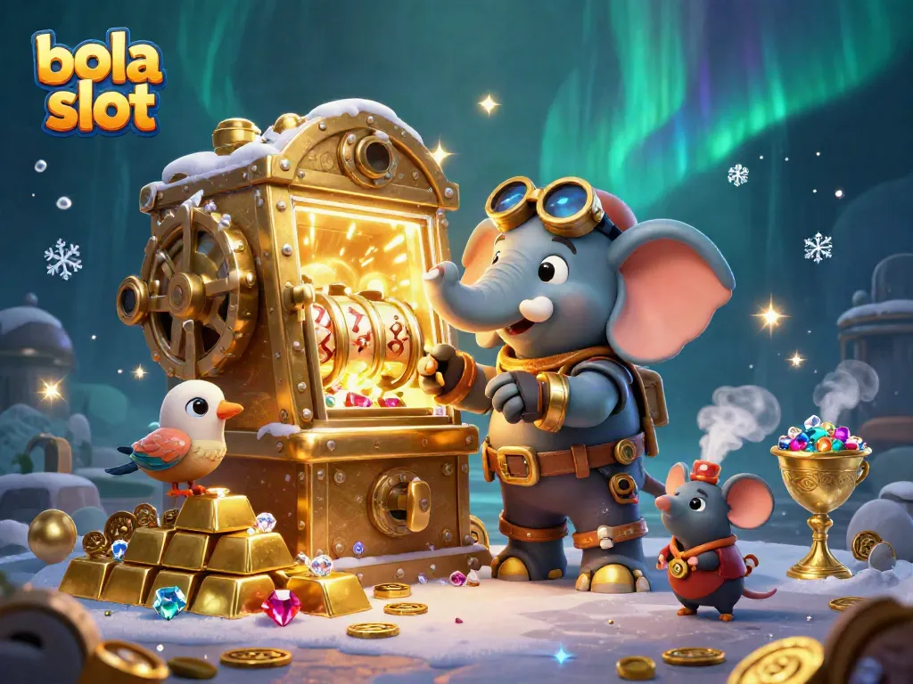 Bola slot game with a steampunk elephant engineer at a golden slot machine full of treasures and gems.