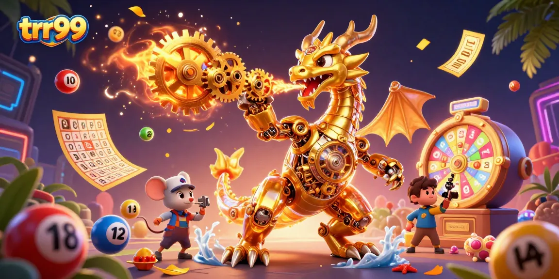 Engage with trr99 in a vibrant casino scene featuring a golden dragon and dynamic gambling elements.