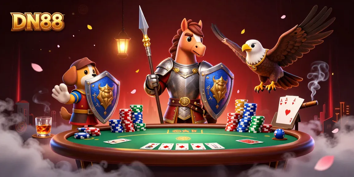 Engage with DN88's thrilling casino scene featuring knights and vibrant poker elements.