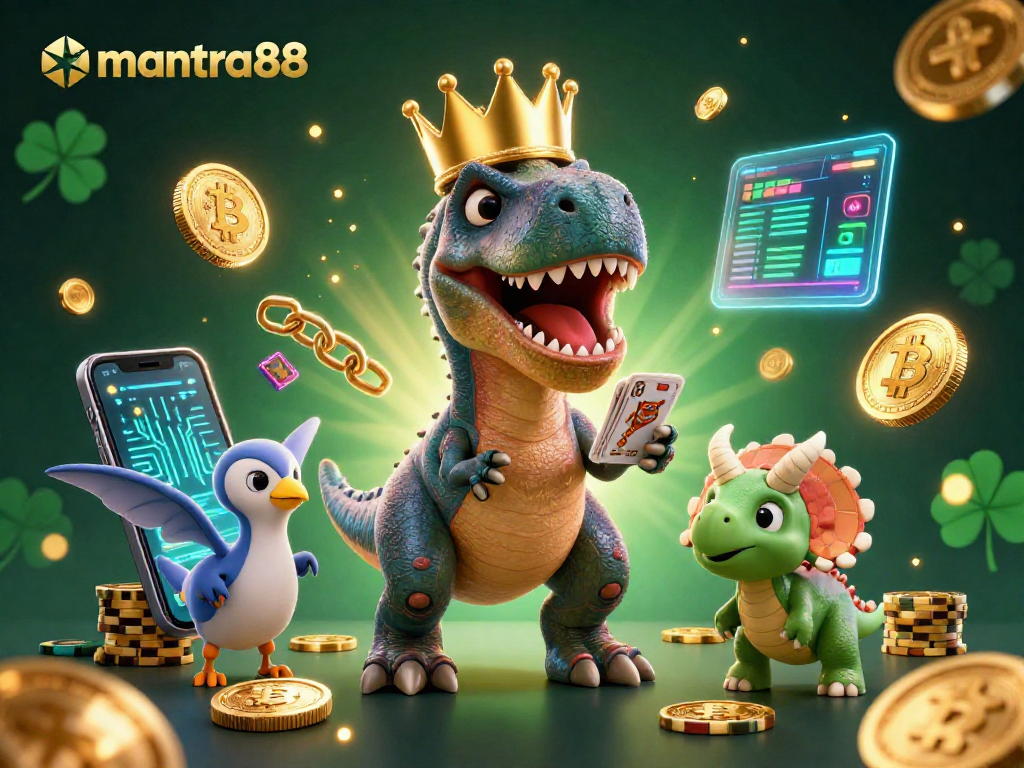 Spin the cards with mantra88 as the playful T-Rex shuffles for big wins amid vibrant casino elements.
