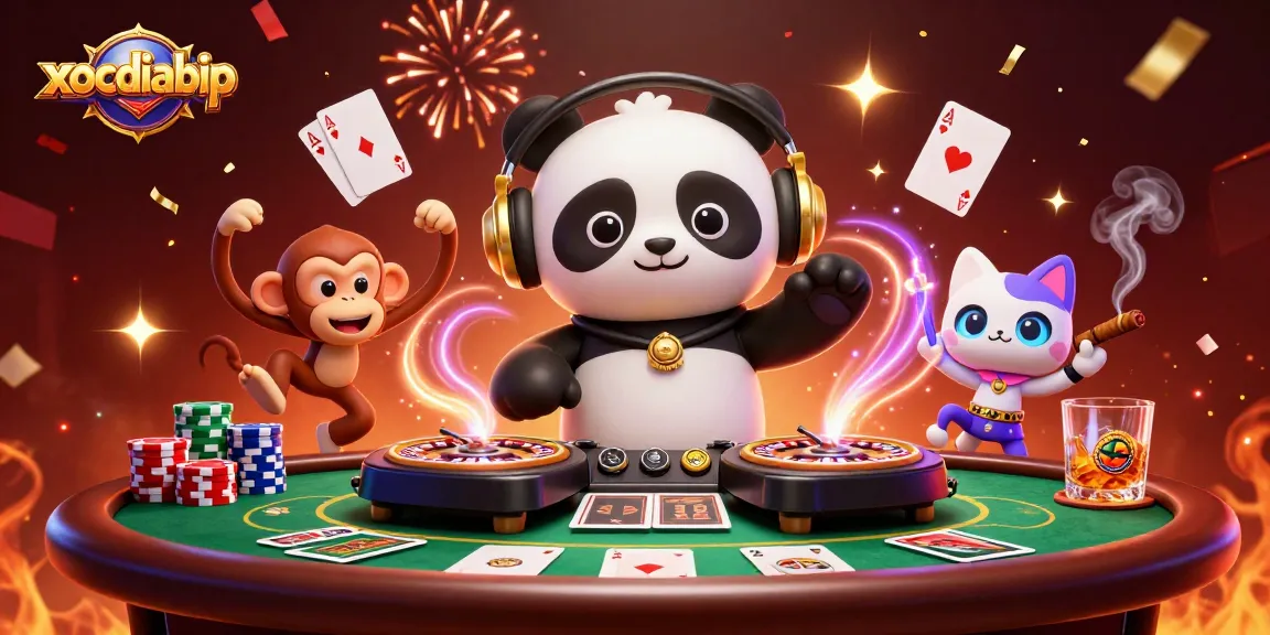 Engage your luck with xocdiabip at an energetic casino party featuring a DJ panda, dancing monkey, and glowing kitten.