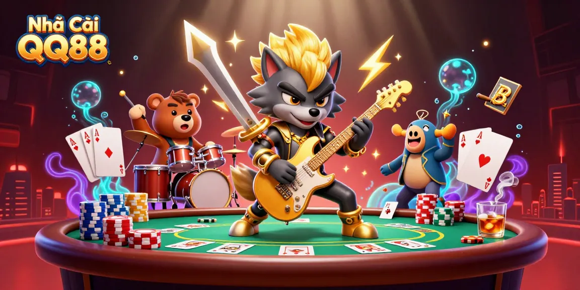 Experience the exciting world of Nhà Cái QQ88 with vibrant casino elements and dynamic characters.