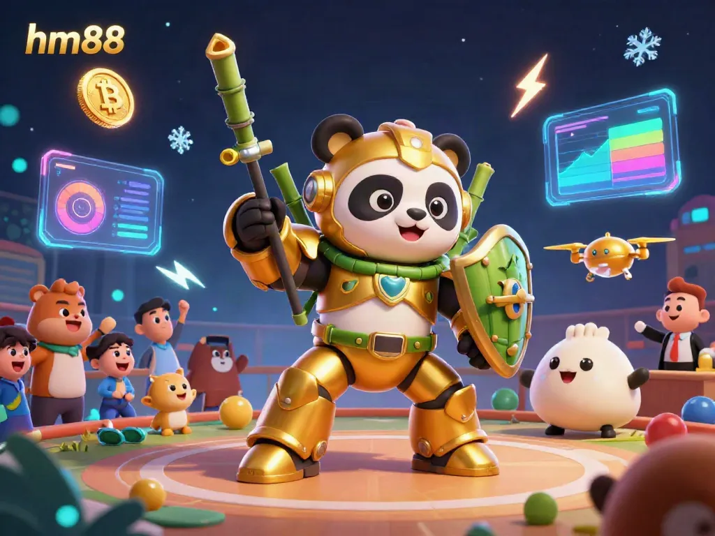 Engage in thrilling gameplay at hm88 with a vibrant scene of a mech-suit panda battling amidst cryptocurrency elements and cheering spectators.