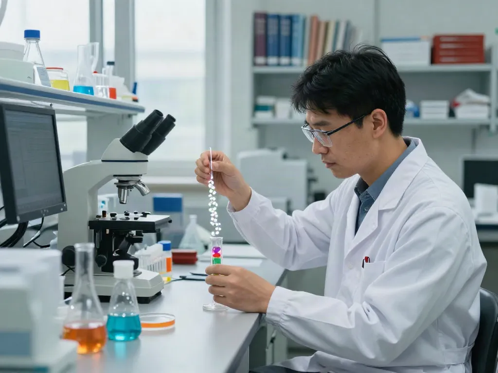 Researcher measuring glow peptide blend in a high-tech laboratory.