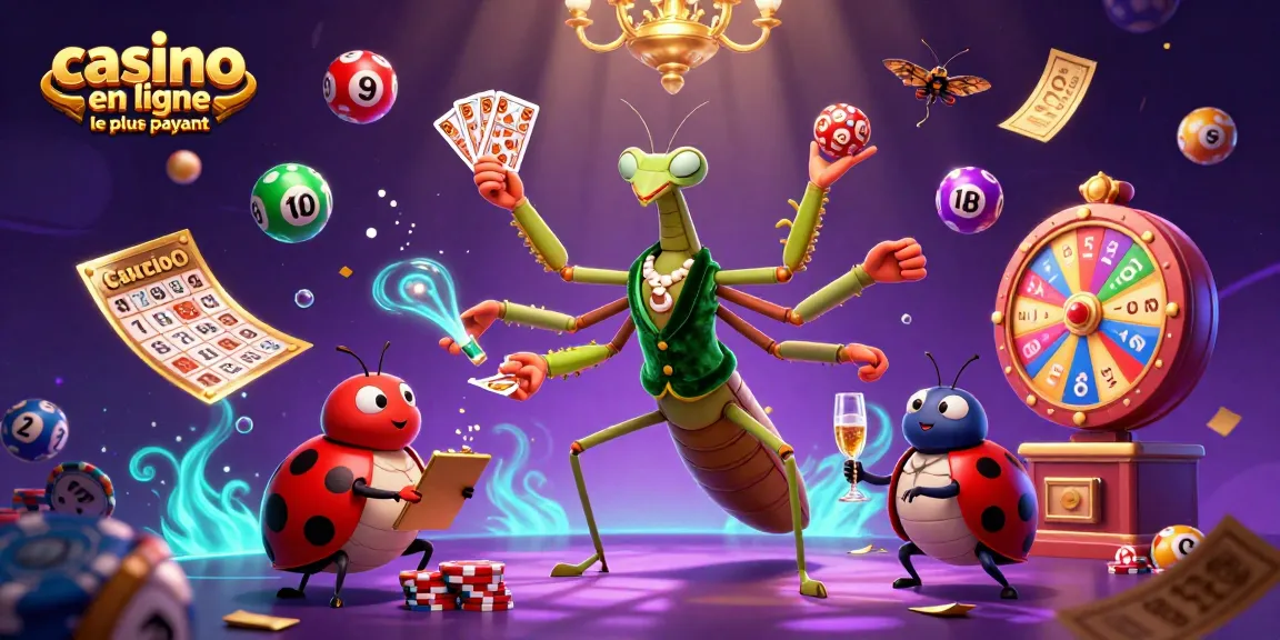 Découvrez le casino en ligne le plus payant avec un caméléon joueur et son équipe colorée, entourés de jeux et de lots.