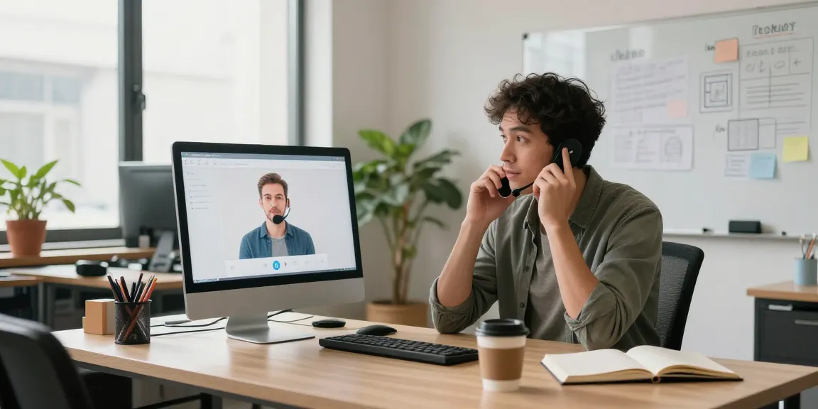 AI receptionist for small business assisting an entrepreneur in an engaging office environment.