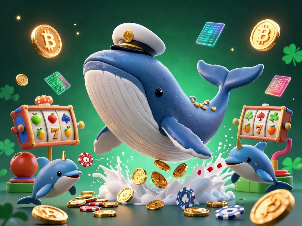Experience gacor123 with a vibrant illustration of a whale, narwhal, and dolphins amid slot machines and gold coins.