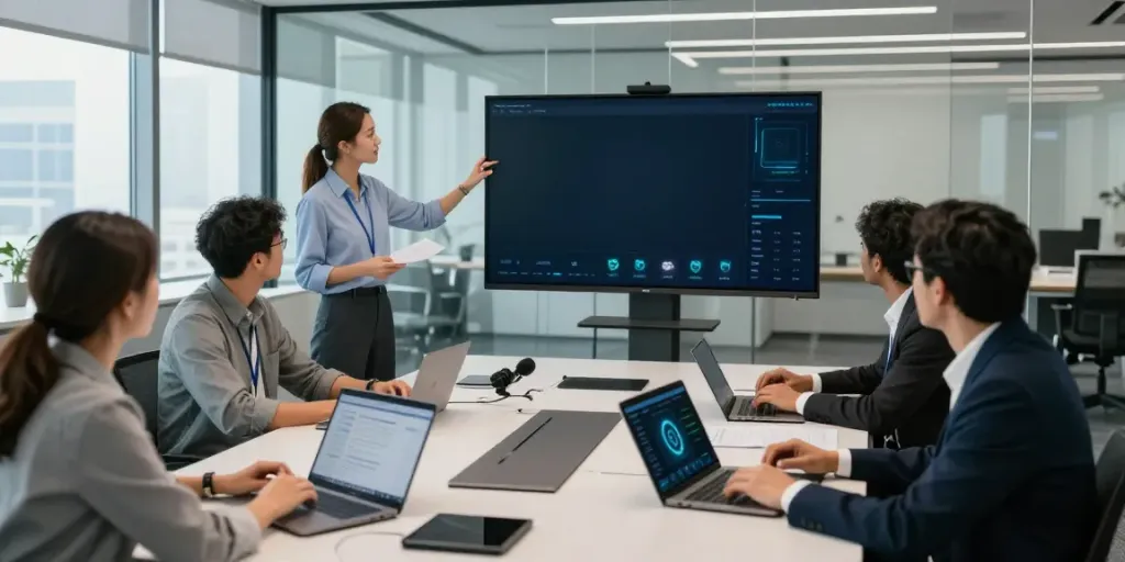 Deepfake protected Conferencing team collaborating in a modern boardroom with advanced technology.