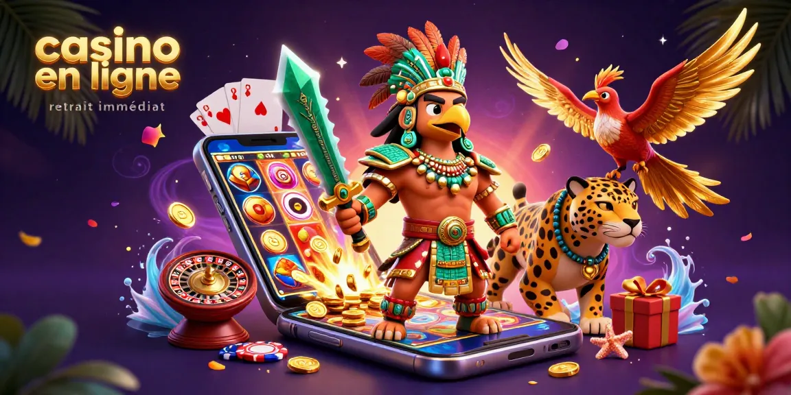 Un casino en ligne retrait immédiat captivant avec des personnages de guerriers aztèques entourés de jeux d'argent et d'éléments colorés.