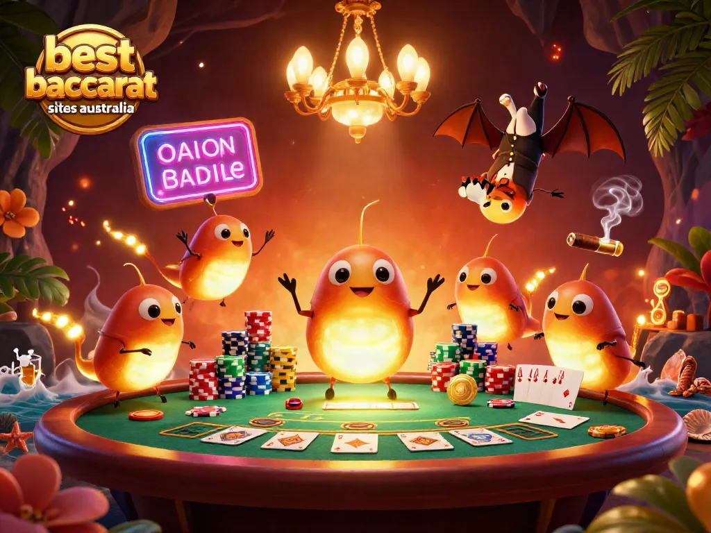 Engaging scene showcasing best baccarat sites australia with vibrant glowworms lighting a casino environment.