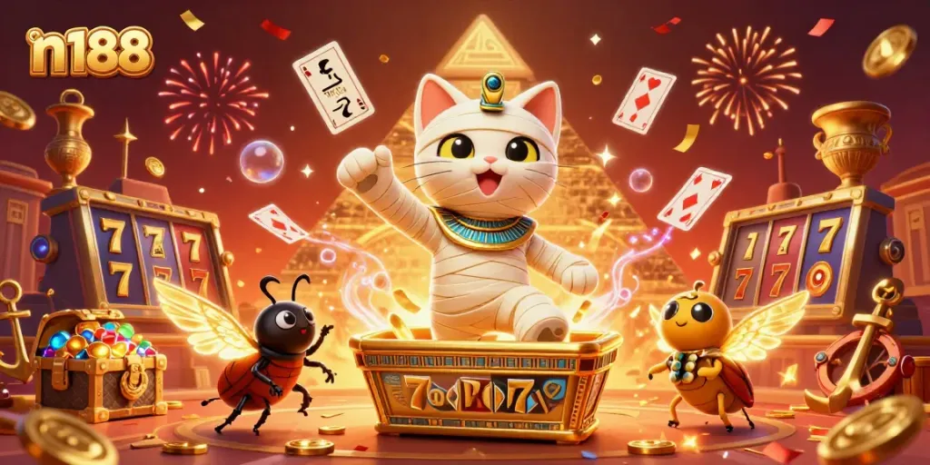 Experience the thrilling n188 casino adventure with a dynamic scene featuring an Egyptian mummy cat and golden treasures.