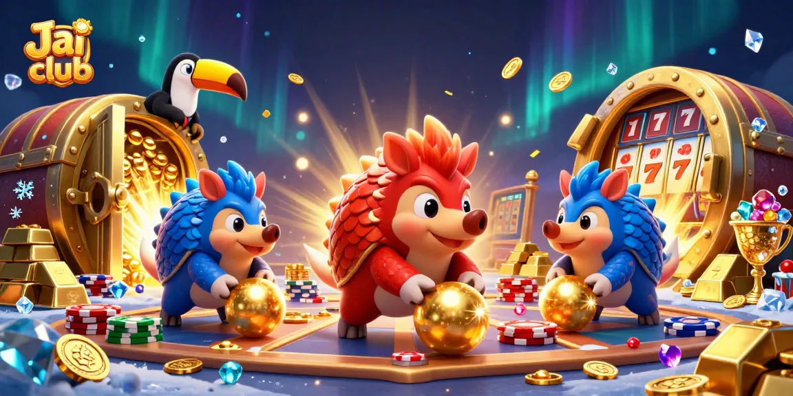 Watch the rival pangolins in Jai club battle through golden poker chips in a vibrant casino scene.