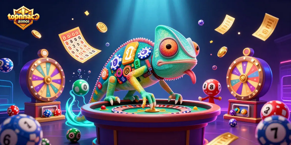 Engage with topnhacaimoi's thrilling casino atmosphere, featuring a colorful chameleon owner amidst dynamic game elements.