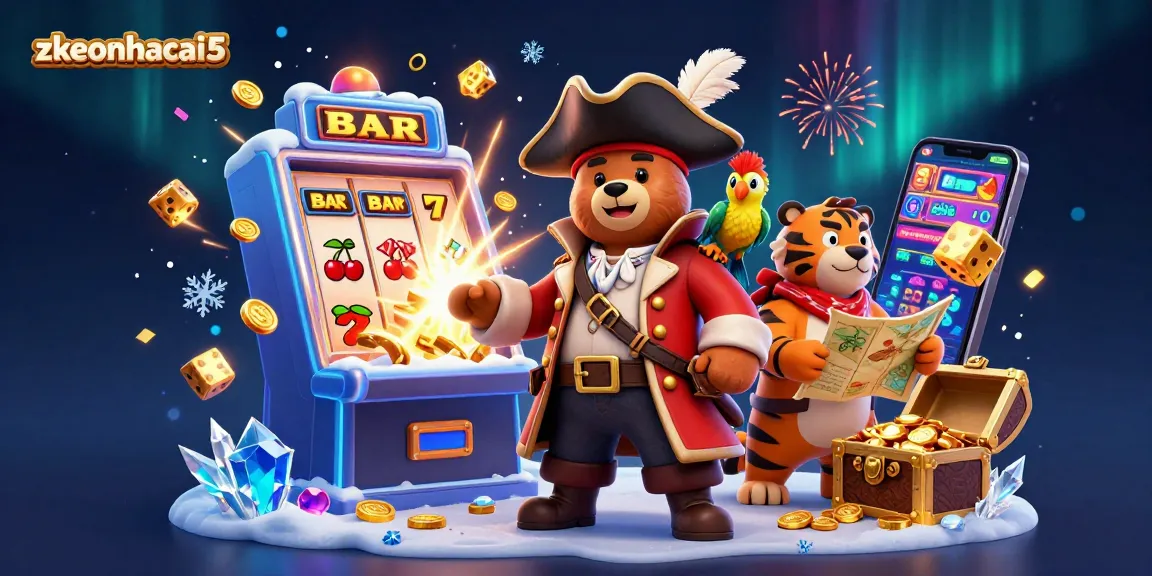 Experience the thrill of zkeonhacai5 with an exciting jackpot scene featuring a pirate bear and slot machine.