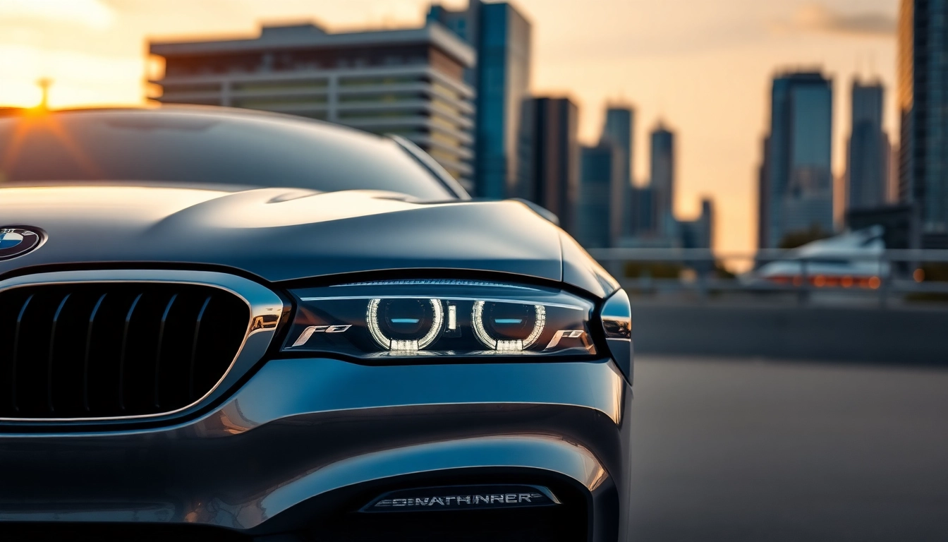 Sporting a Luxury BMW car parked elegantly amidst a vibrant urban landscape.