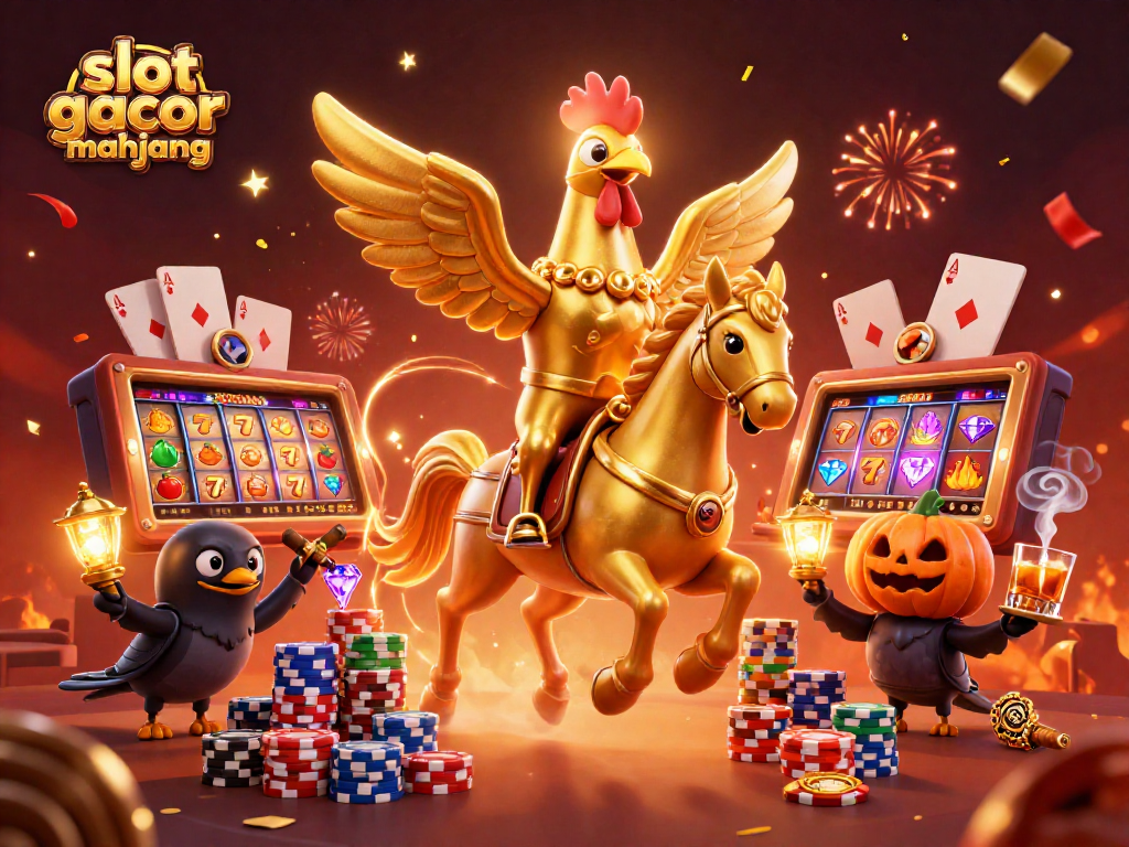 Engaging slot gacor mahjong scene featuring golden rooster and spectral horse amidst casino elements.