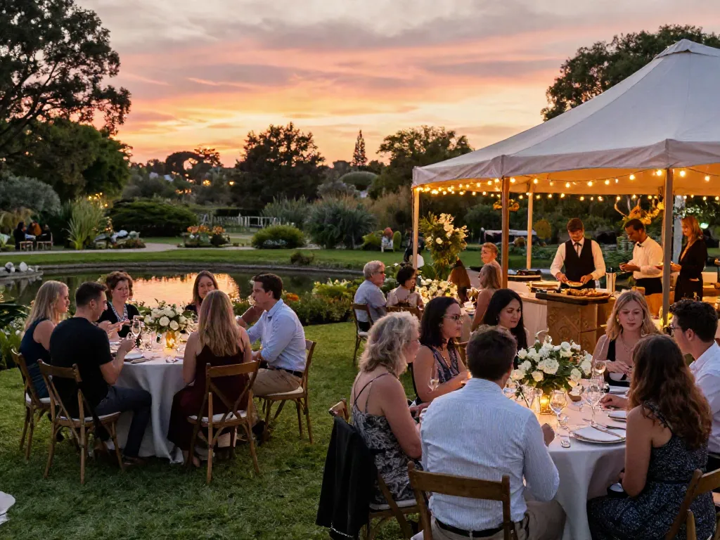Event rentals featuring an elegant outdoor celebration with stunning decor and guests enjoying a stylish party atmosphere.