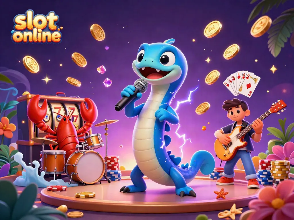 Experience the excitement of slot online gaming with an energetic underwater casino scene featuring a DJ eel and band.