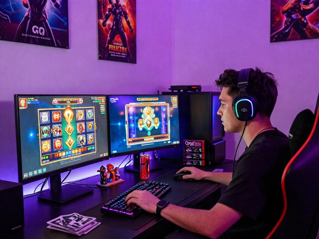 Player immersing in situs slot qris online gaming with vibrant visuals and dynamic ambiance