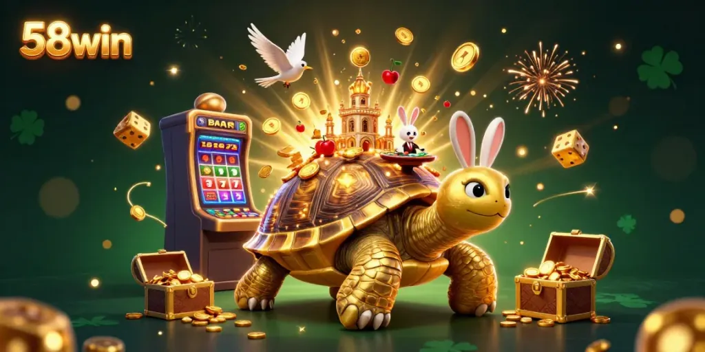 Experience the thrill of 58win, illustrated with a vibrant casino scene featuring a golden tortoise and playful elements.
