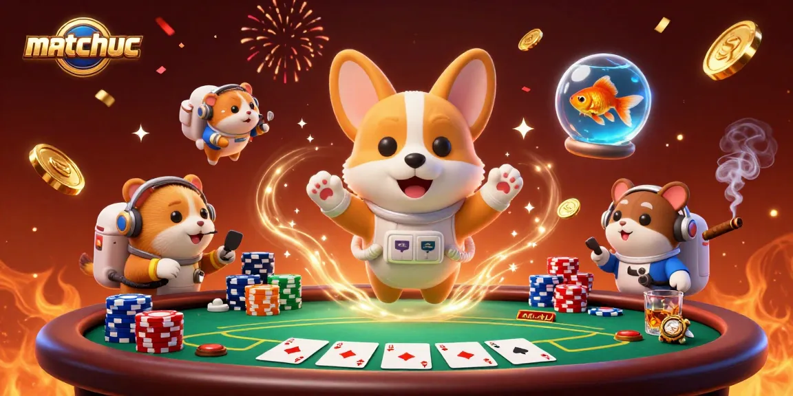 Experience the excitement of matchuoc as a corgi astronaut plays poker amidst drifting chips.