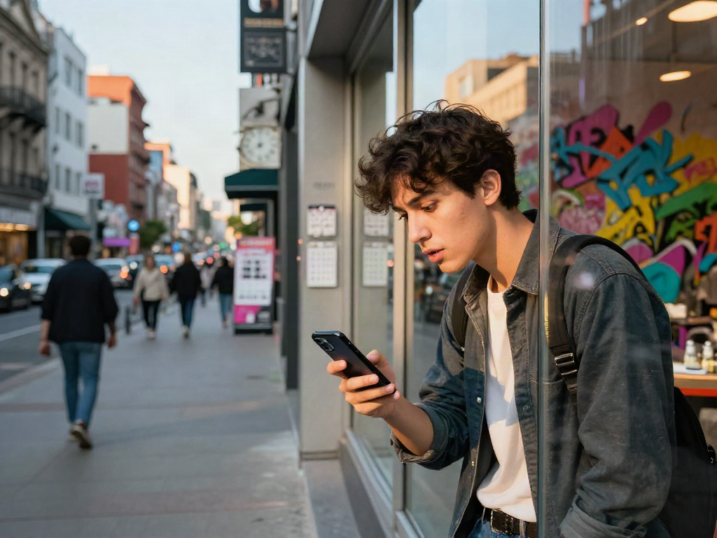 How old do I look? Young adult analyzing their age with a smartphone in vibrant urban scene.