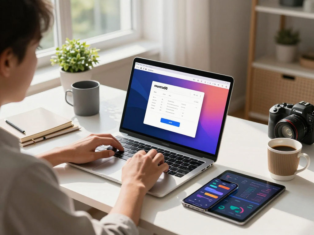 Effortlessly login to mantra88 in a modern tech workspace filled with gadgets and natural light.