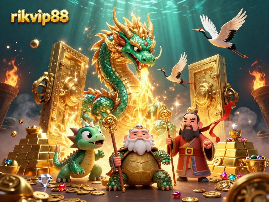 Experience the excitement of gambling with rikvip88 featuring a vibrant dragon, treasures, and lucky symbols.