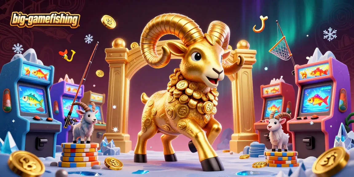 Engage in big-gamefishing with a vibrant 3D scene of a golden ram charging through arcade machines and fishing elements.